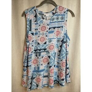 J.Jill Love Linen Portofino Medallion Sleeveless Print Top Size L Blue Free